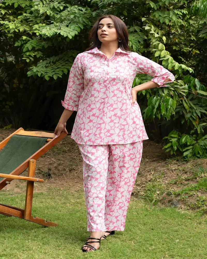 Pink pin tucks cotton block printed co-ord set