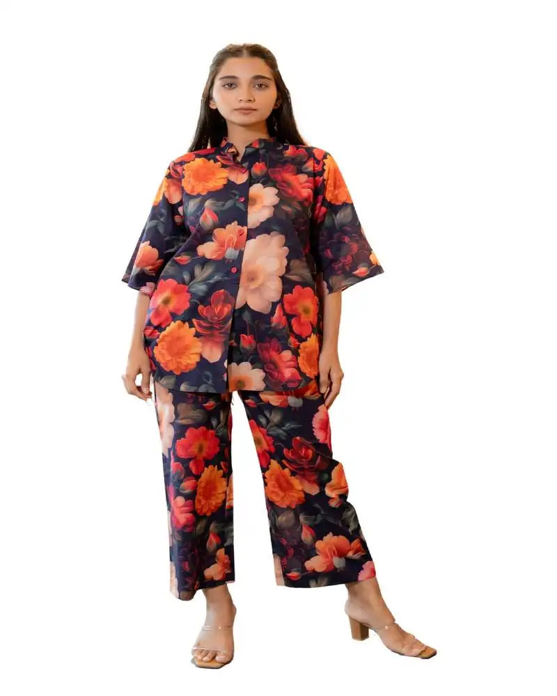 Multicolor half buttoned bold floral flared printed cotton co-ord set