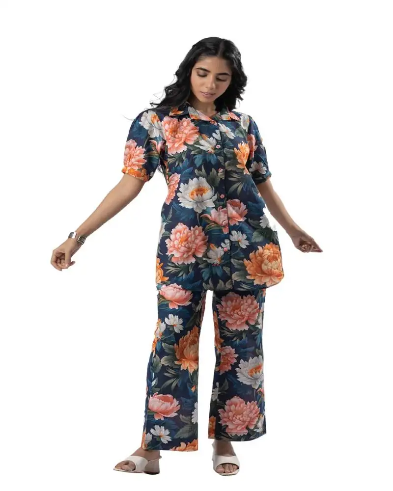 Bold floral buttoned down cotton printed co-ord set