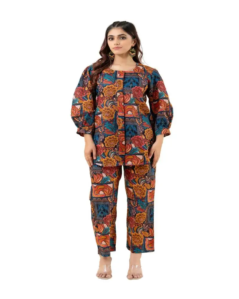 Multicolor abstract printed cotton co-ord set with puffed sleeves