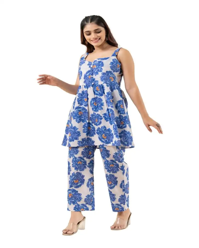 White floral printed cotton sleevelss co-ord set