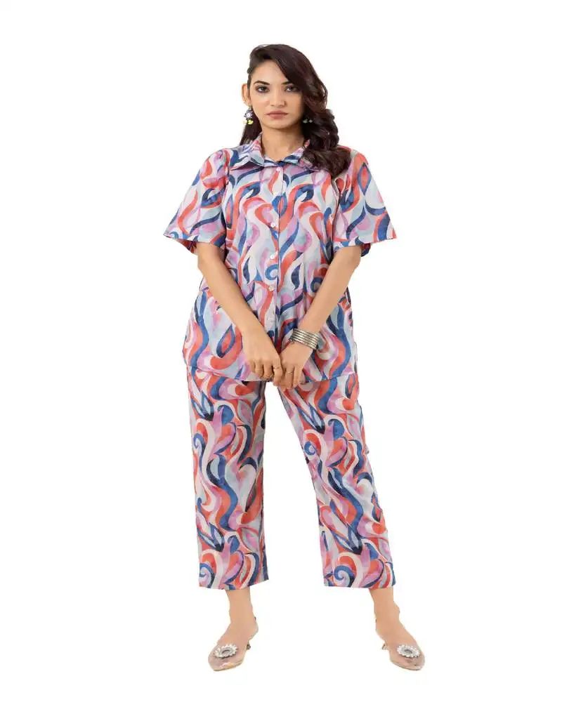 Abstract wave printed cotton off white co-ord set