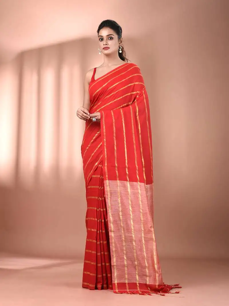 Red cotton handspun soft saree with zari stripe pattern