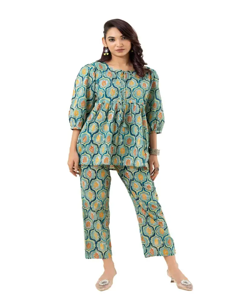 Mint floral grid printed cotton co-ord set