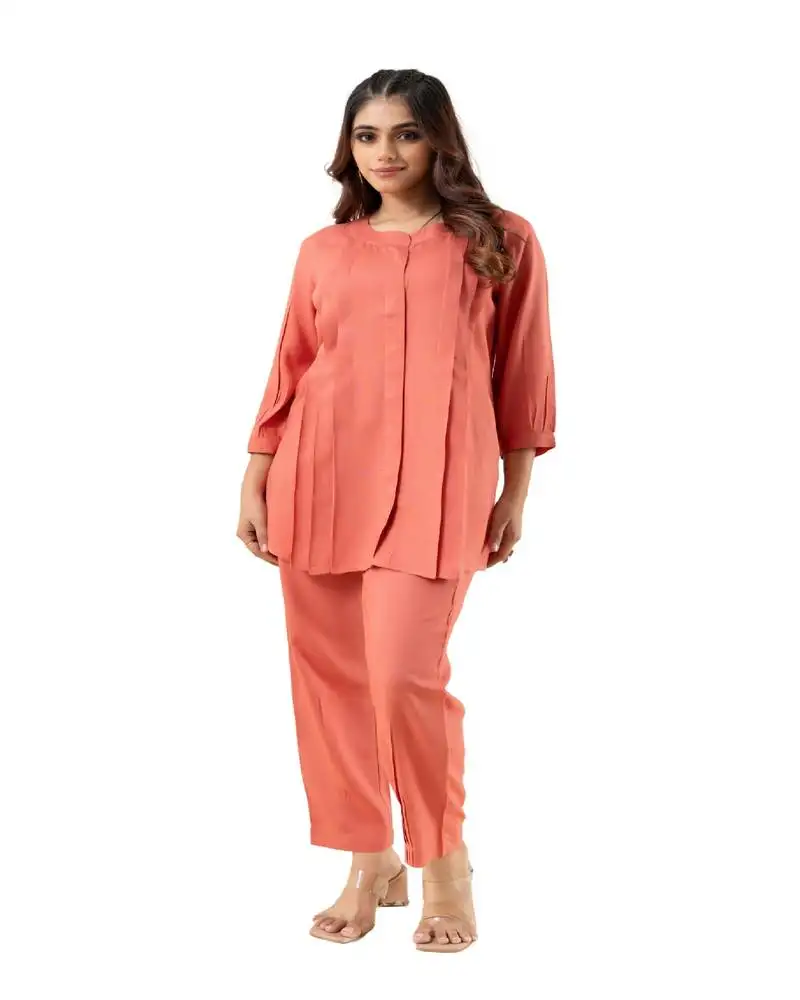 Peach pleated flared solid coordset