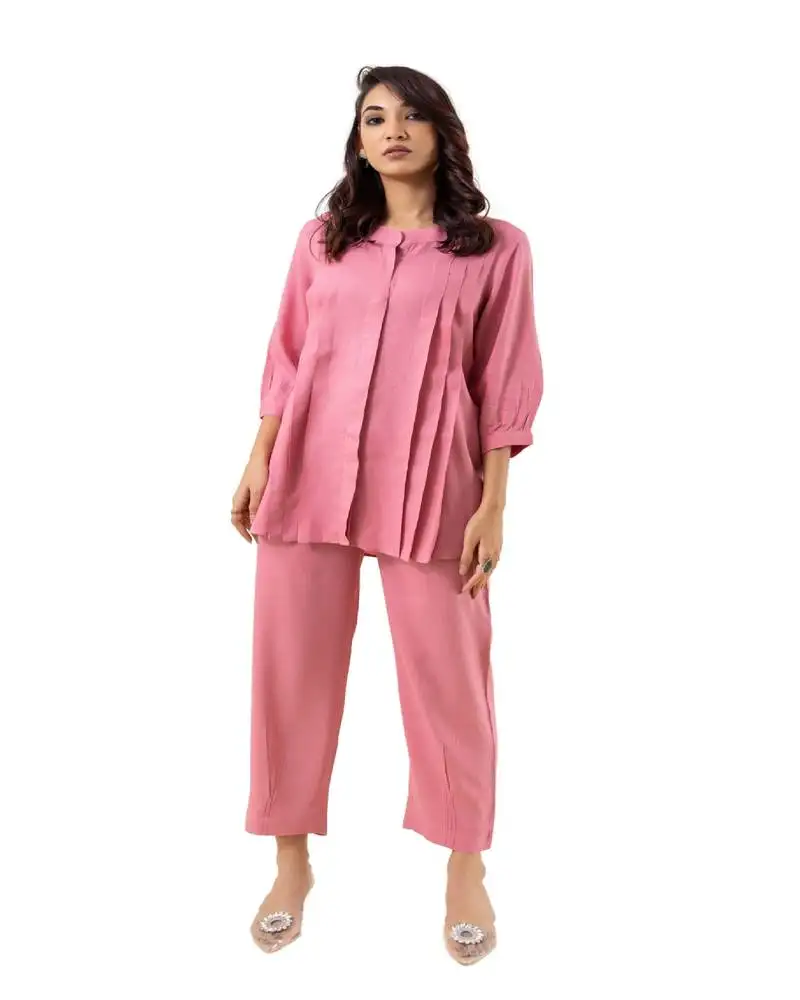 Pink pleated flared solid coordset