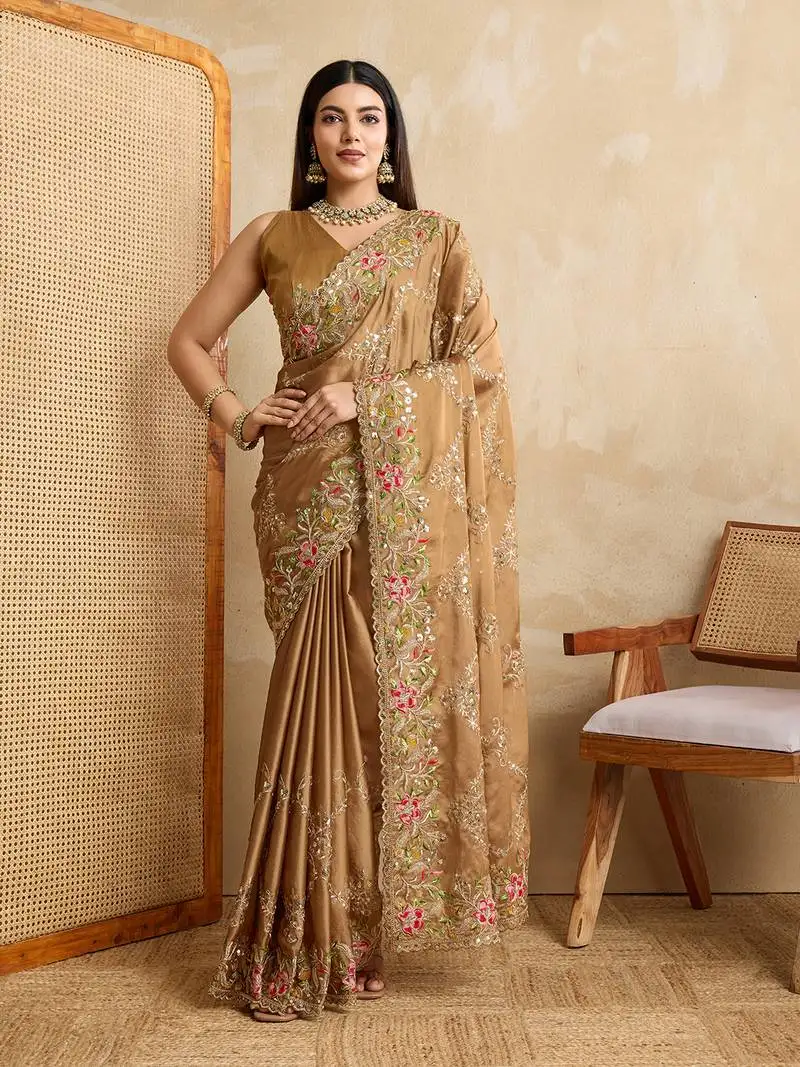 Beige coding multi embroidered saree