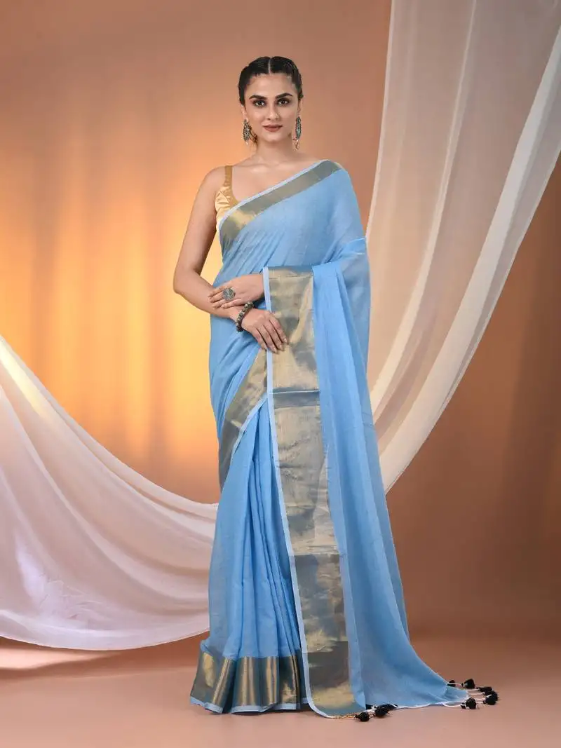 Sky blue mulmul cotton soft saree with zari borders without blouse