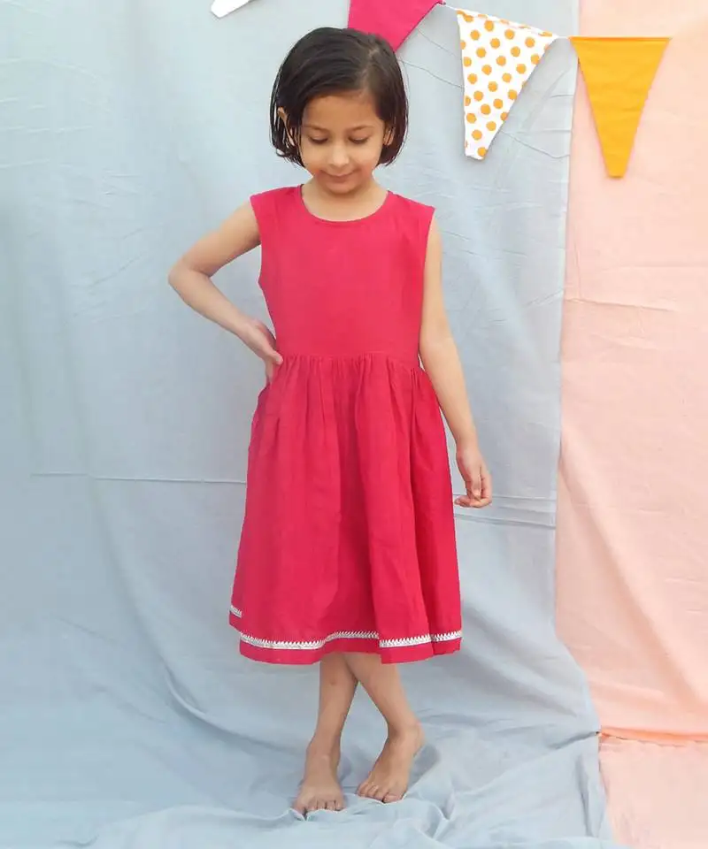 Hot pink solid cotton woven dress