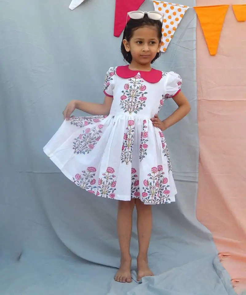 Blue floral printed cotton woven dress for girls