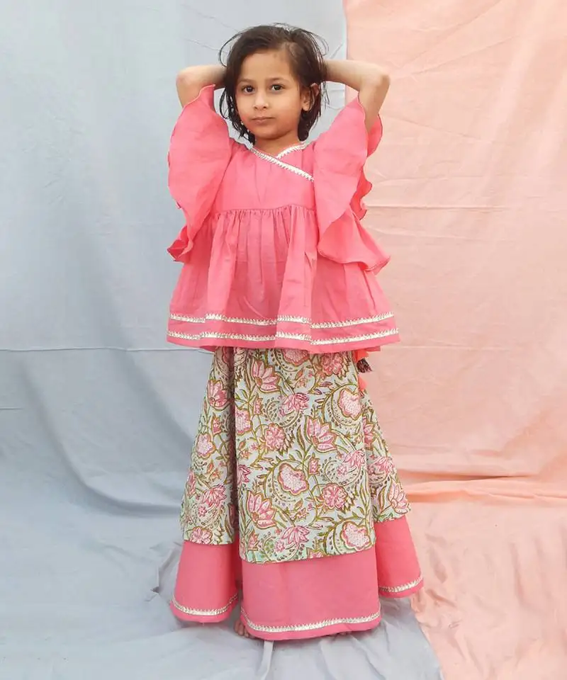 Pink cotton woven lehenga and top