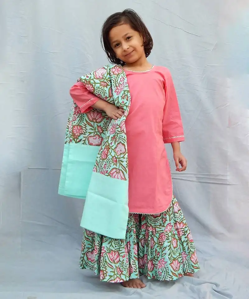 Pink cotton woven sharara with kurta and dupatta