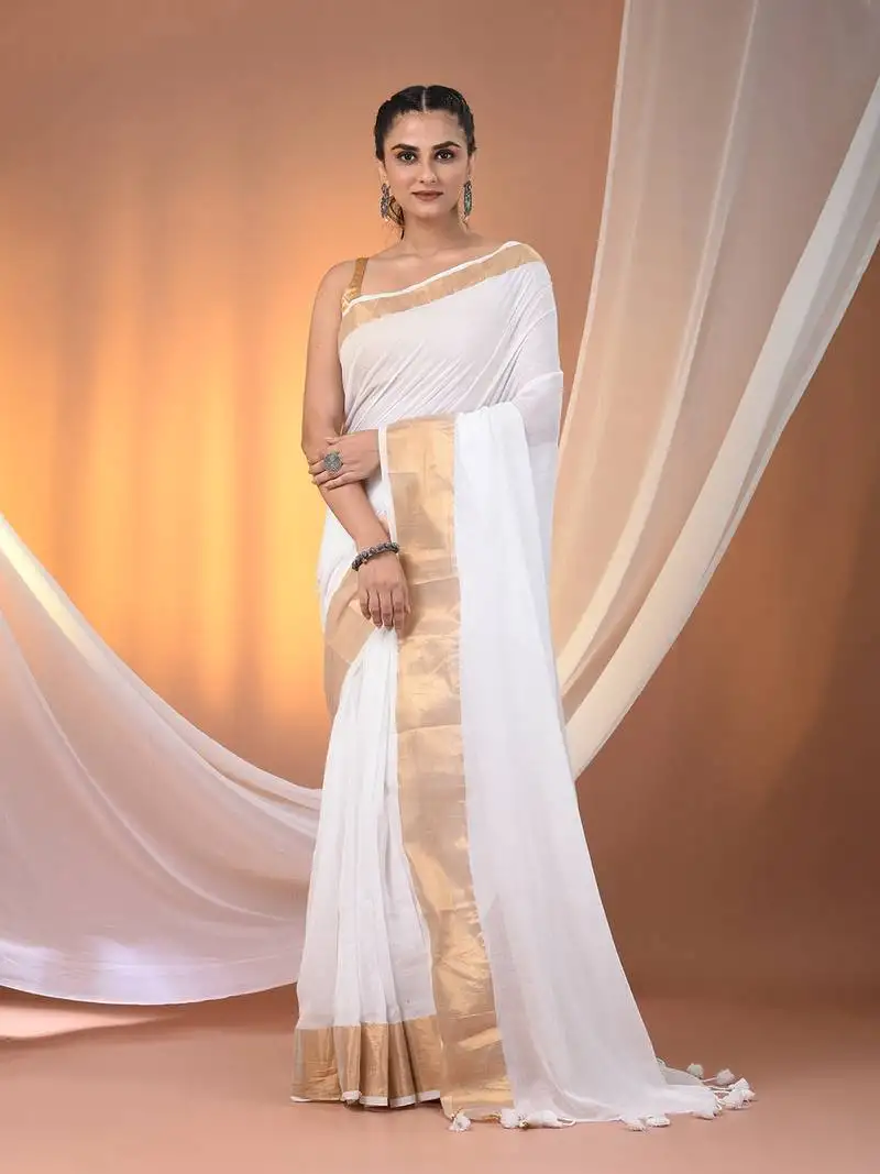 White mulmul cotton soft saree with zari borders without blouse