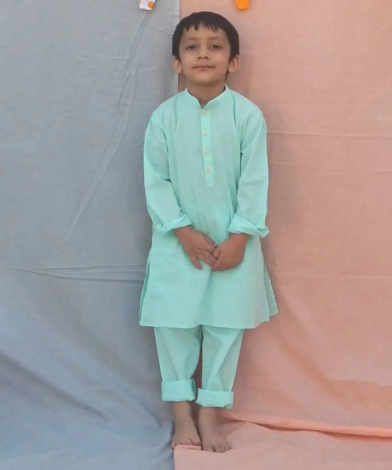 Blue solid cotton woven kurta pyjama