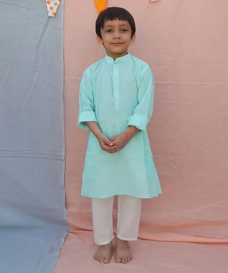 Powder blue cotton woven kurta pyjama