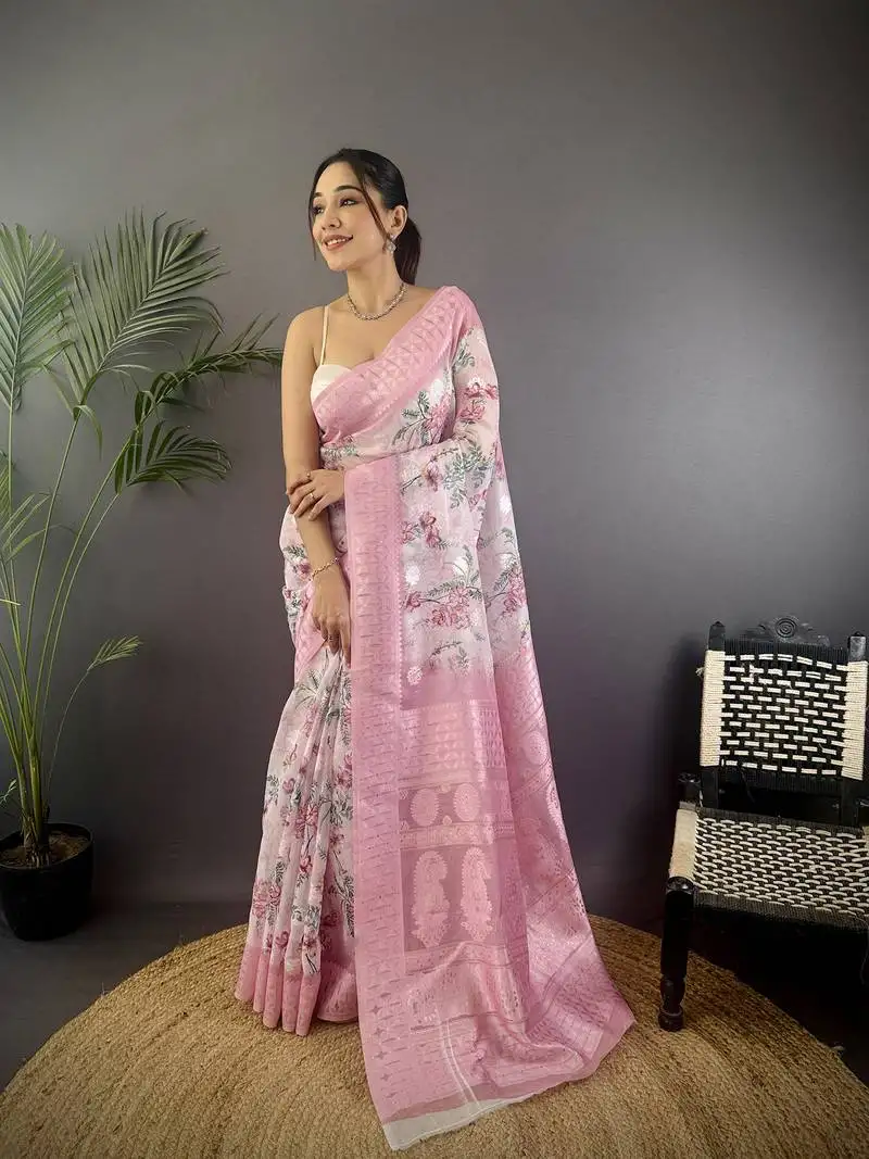 Baby pink silk blend floral motifs coppery tone banarasi saree
