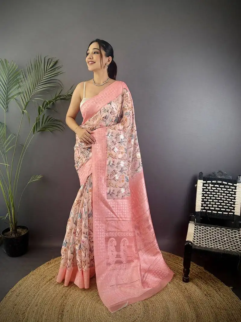 Rose pink silk blend floral motifs coppery tone banarasi saree