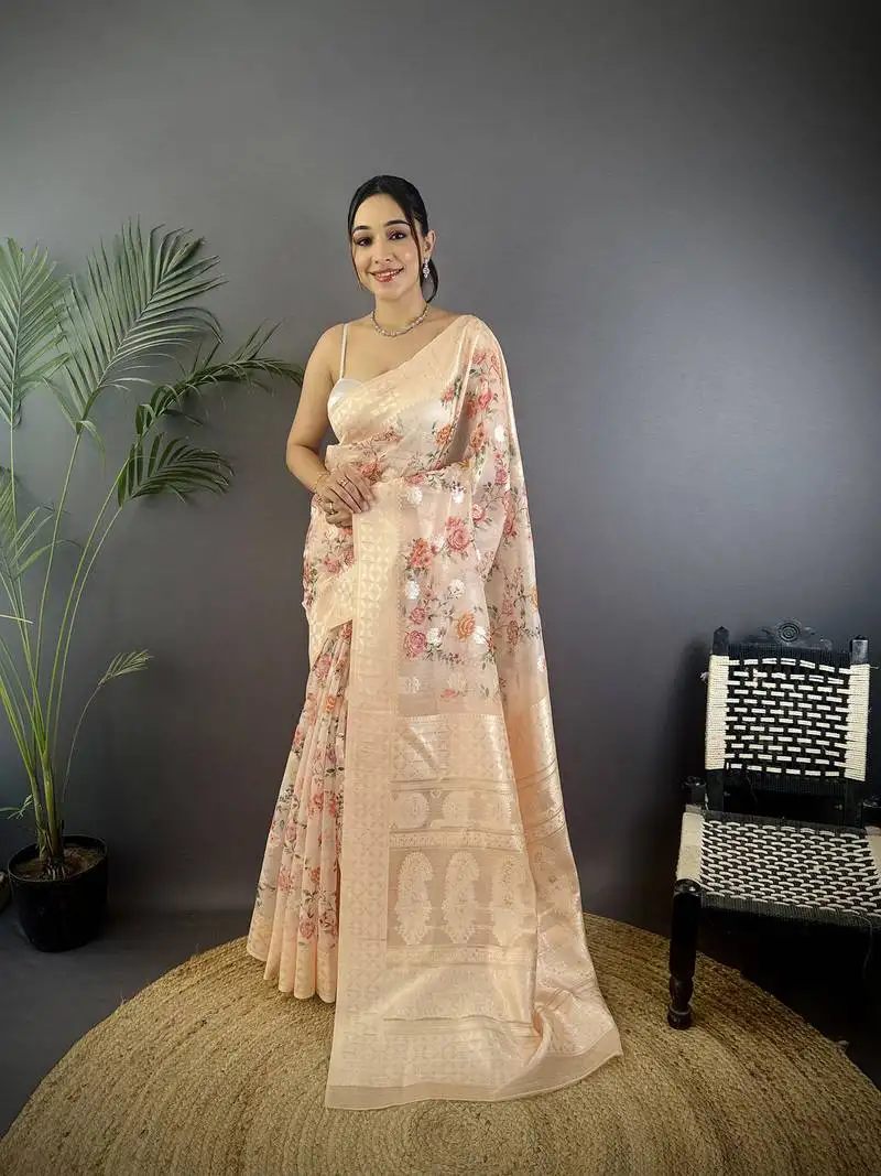 Beige silk blend floral motifs coppery tone banarasi saree