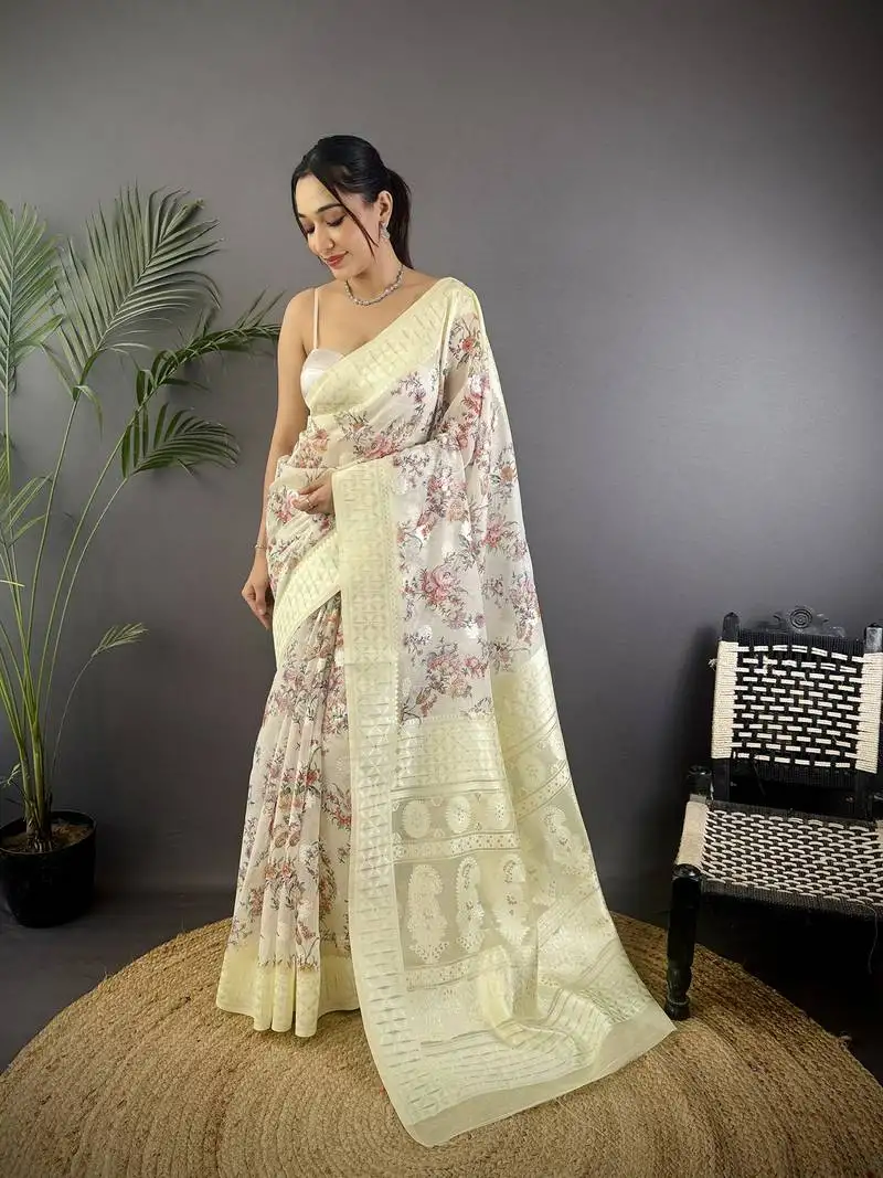 Grey silk blend floral motifs coppery tone banarasi saree