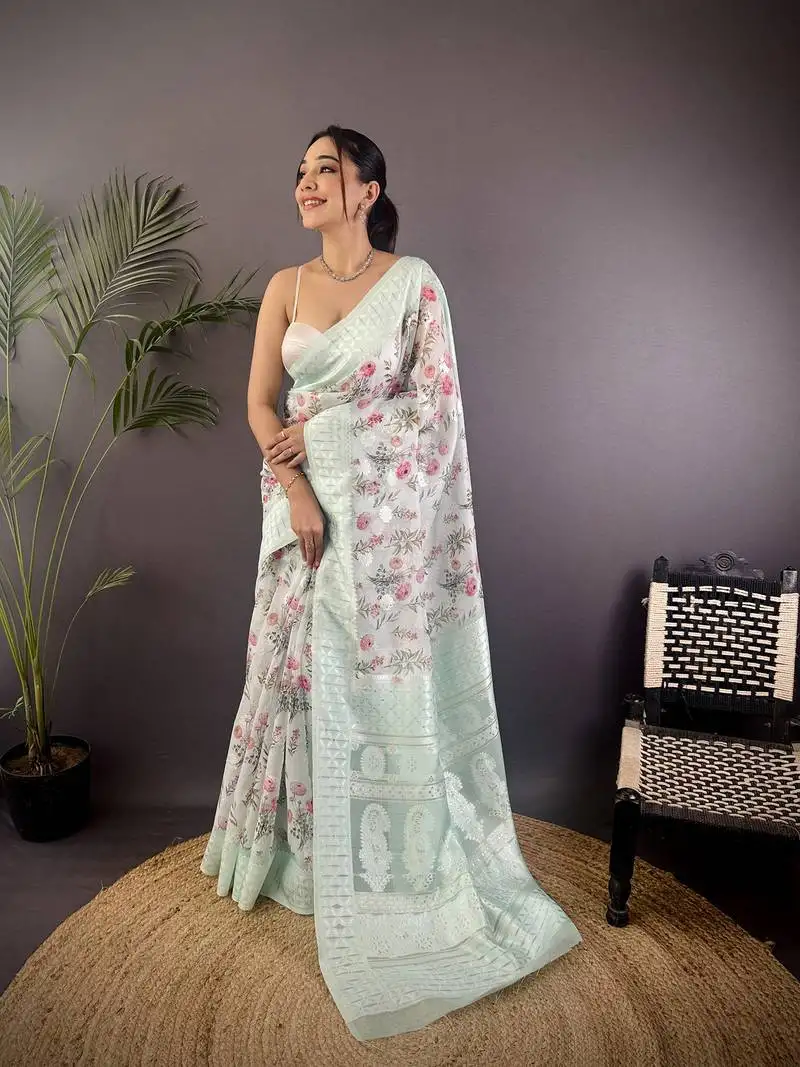Sky blue silk blend floral motifs coppery tone banarasi saree