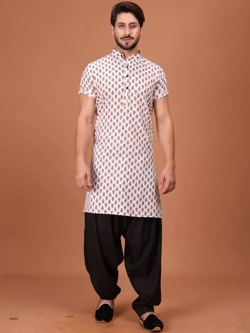 Beige cotton printed short sleeve chinese collar kameez kurta for mens