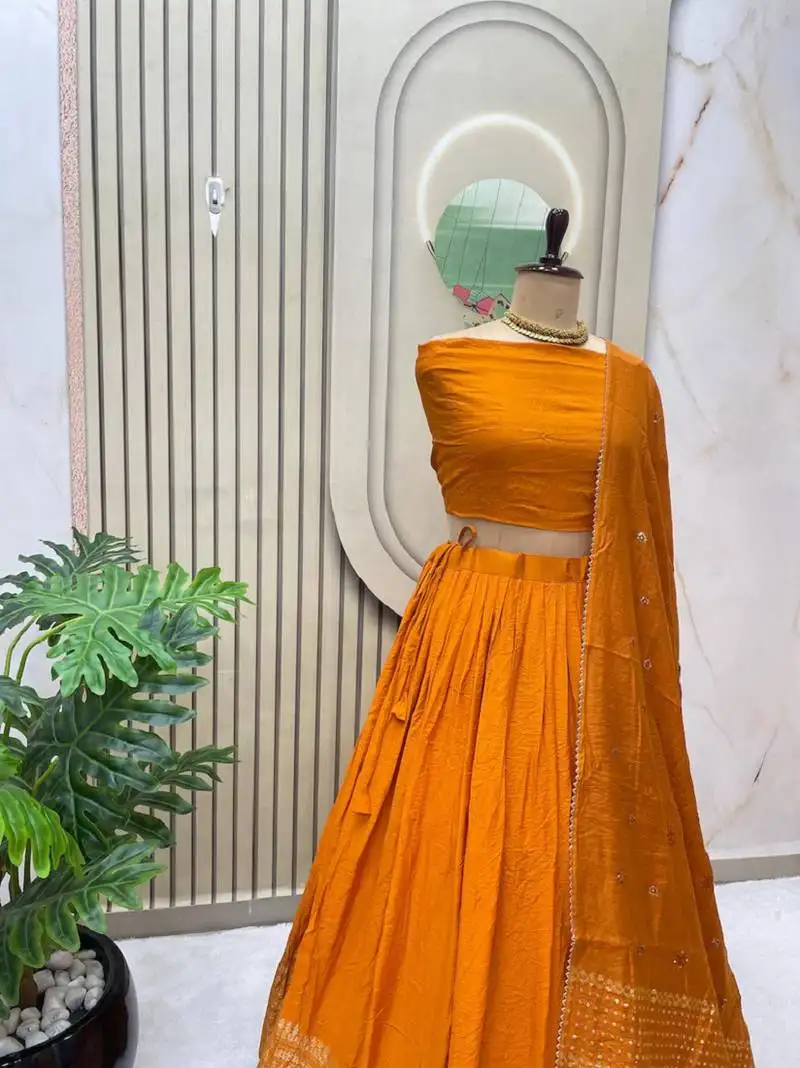 Orange zari weaving border semi stitched lehenga choli with dupatta