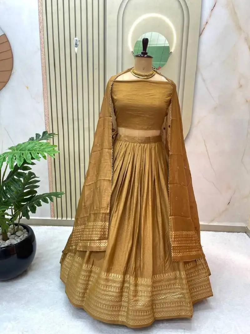 Mustard zari weaving border semi stitched lehenga choli with dupatta