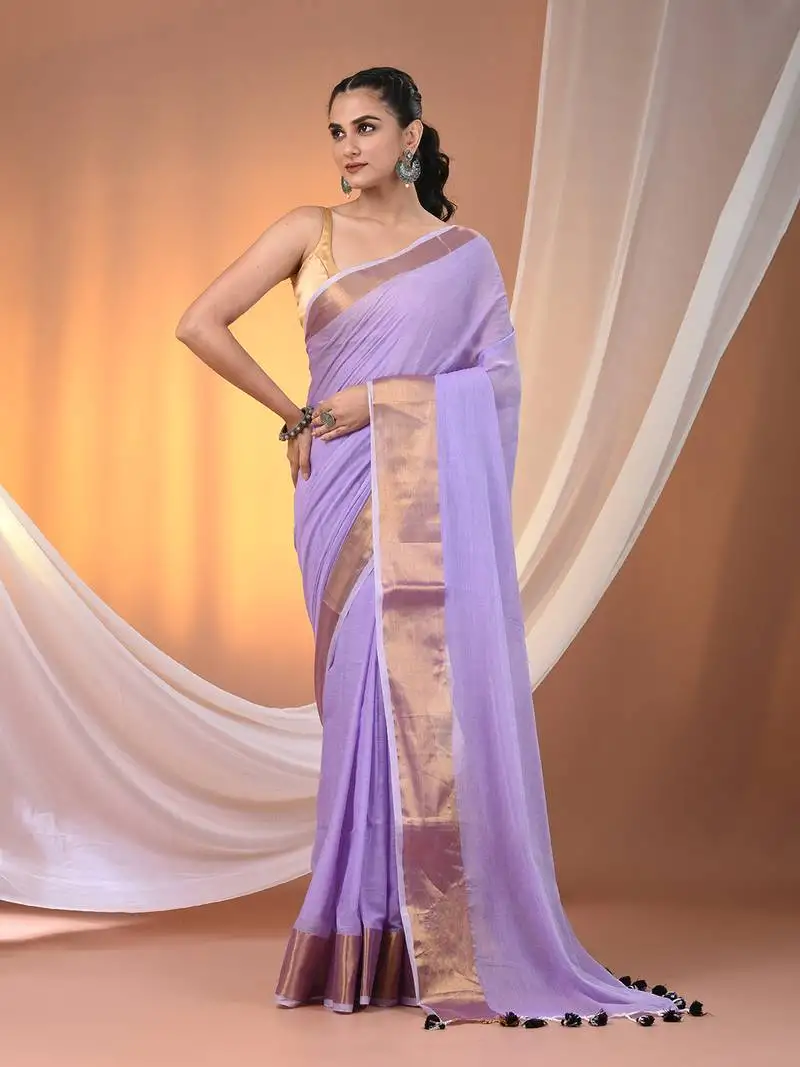 Violet mulmul cotton soft saree with zari borders without blouse
