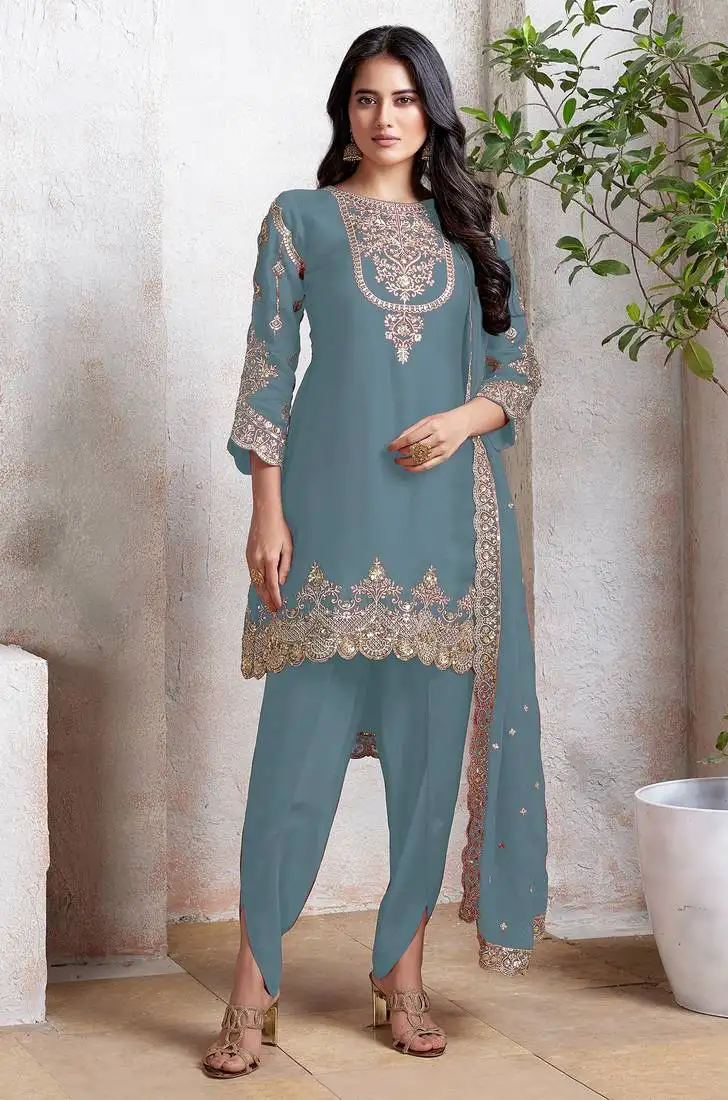 Sky embroidered faux georgette semi patiyala suit semi stitched