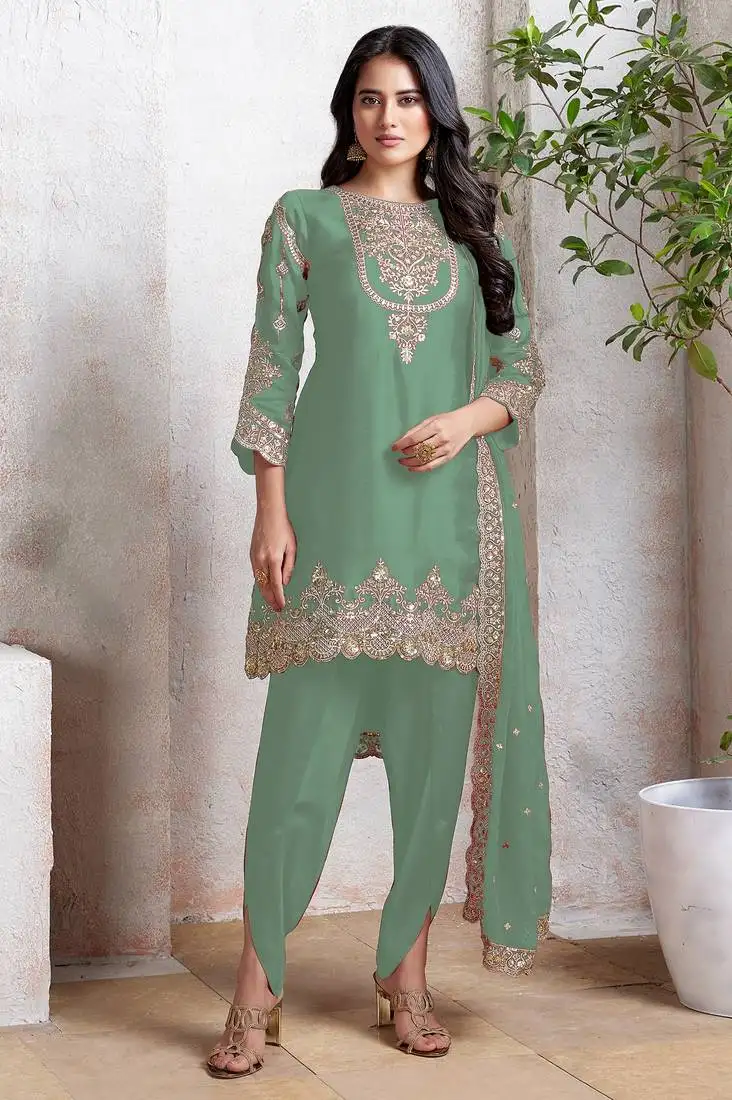 Green embroidered faux georgette semi patiyala suit semi stitched