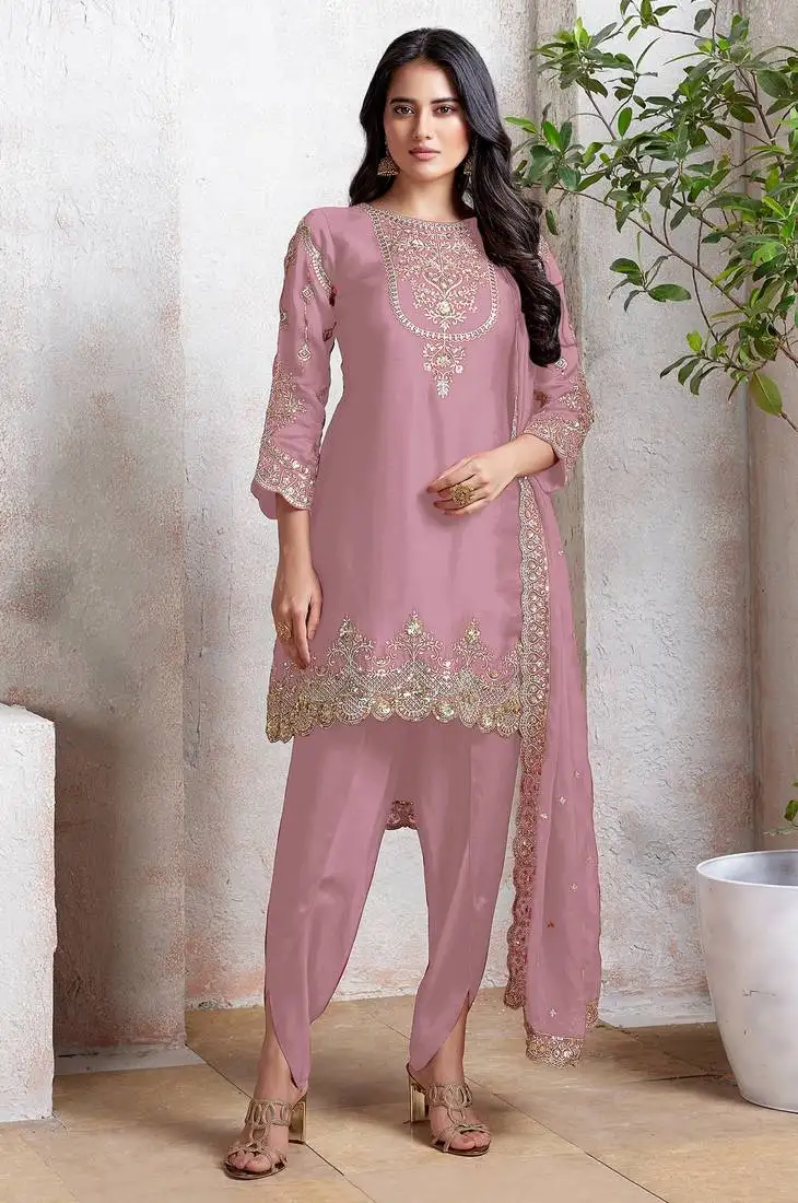 Pink embroidered faux georgette semi patiyala suit semi stitched