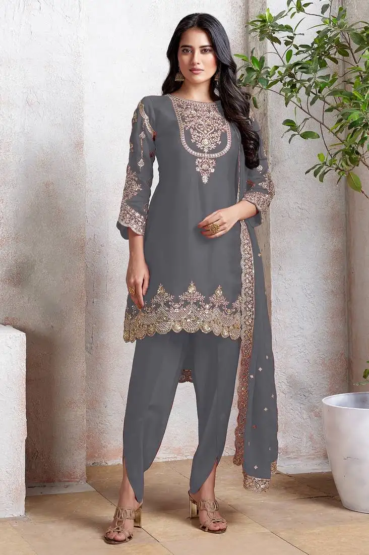 Grey embroidered faux georgette semi patiyala suit semi stitched