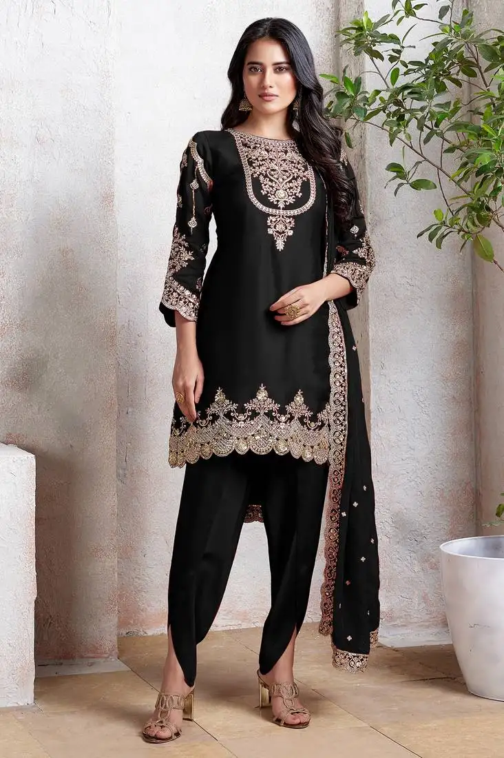 Black embroidered faux georgette semi patiyala suit semi stitched
