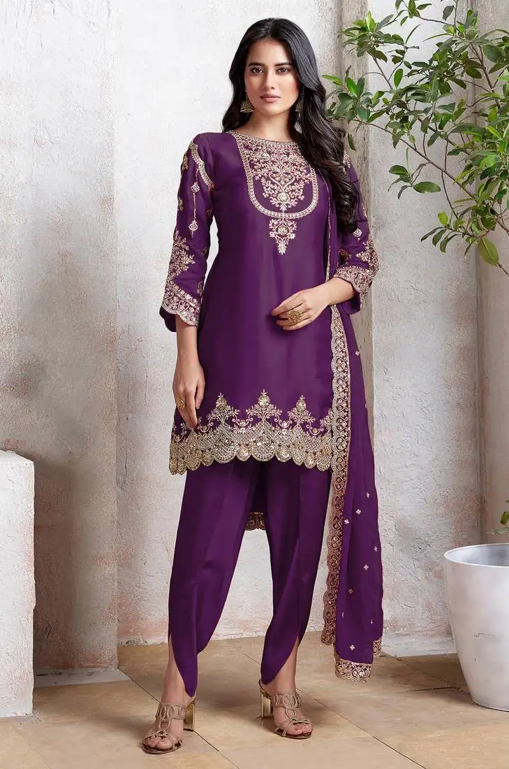 Purple embroidered faux georgette semi patiyala suit semi stitched