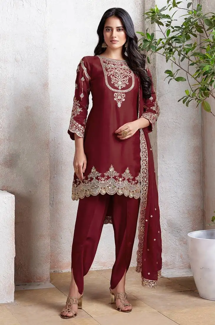 Maroon embroidered faux georgette semi patiyala suit semi stitched