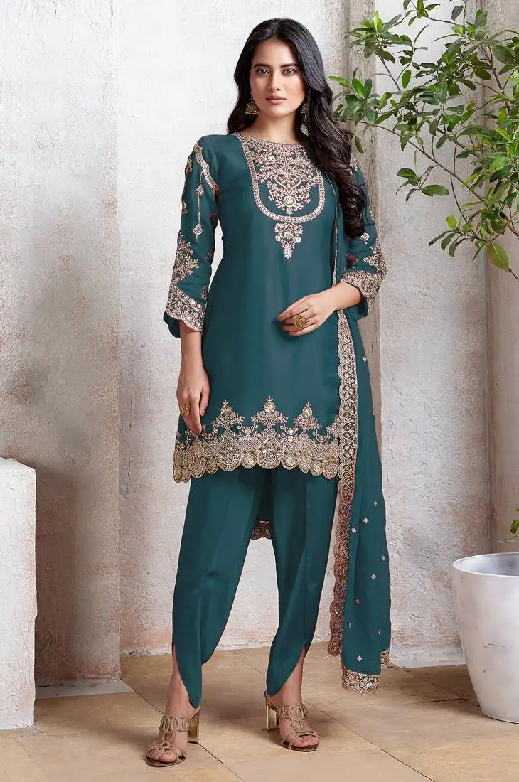 Aqua blue embroidered faux georgette semi patiyala suit semi stitched