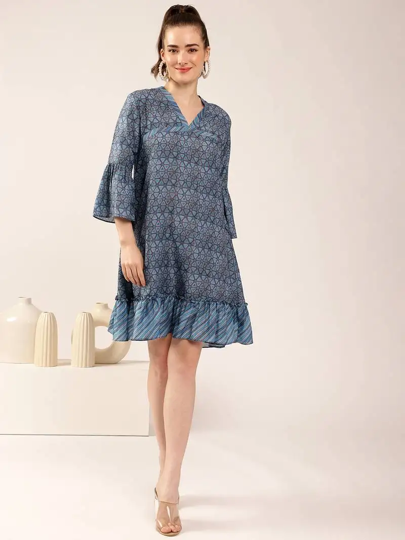 Blue flared digital print dress for women