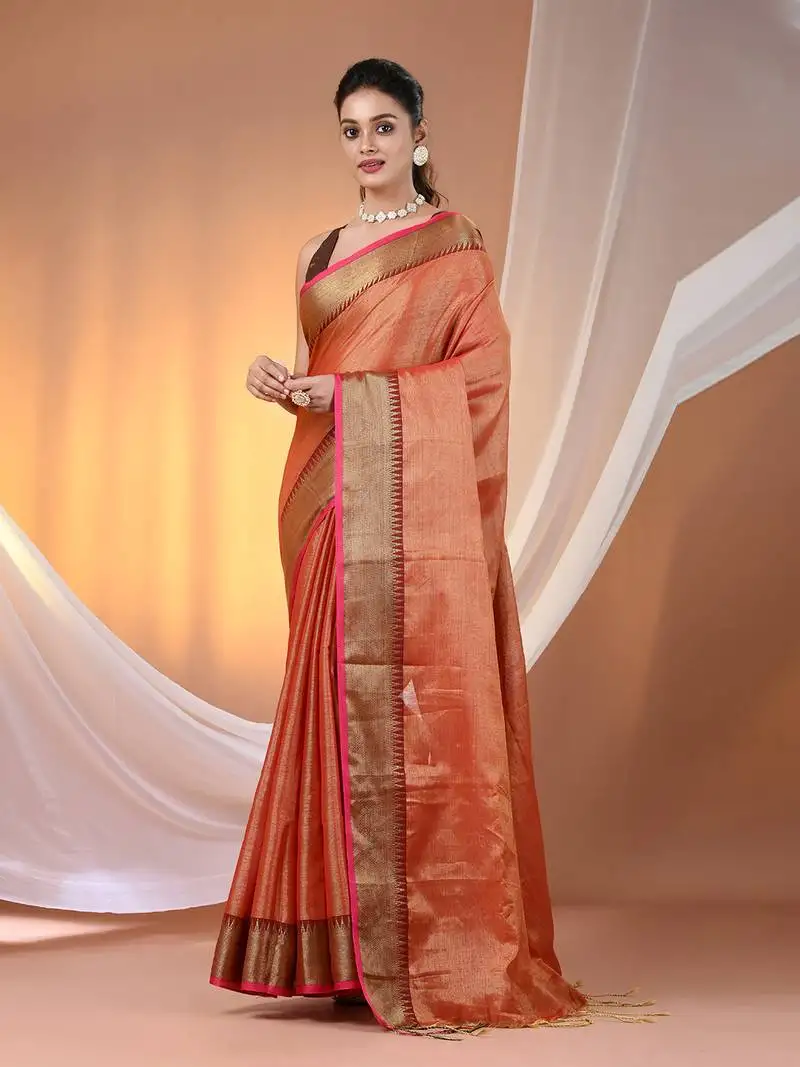 Red tissue soft saree with zari borders