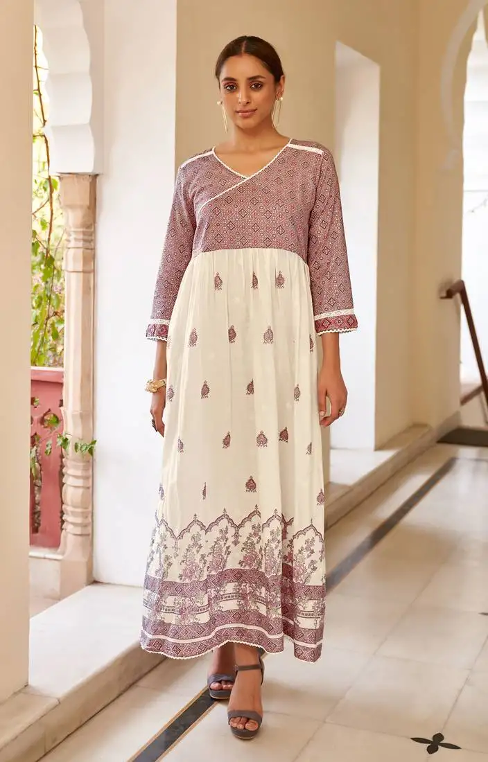 Pink cotton printed v neck dress for women