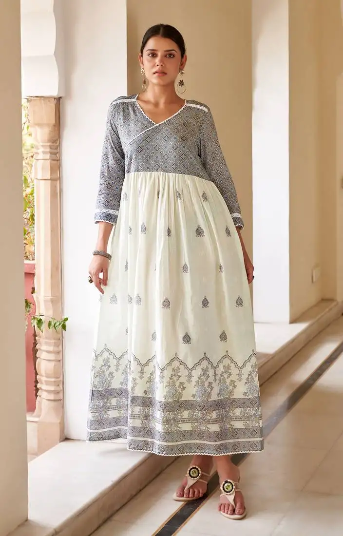 Blue cotton printed v neck dress for women