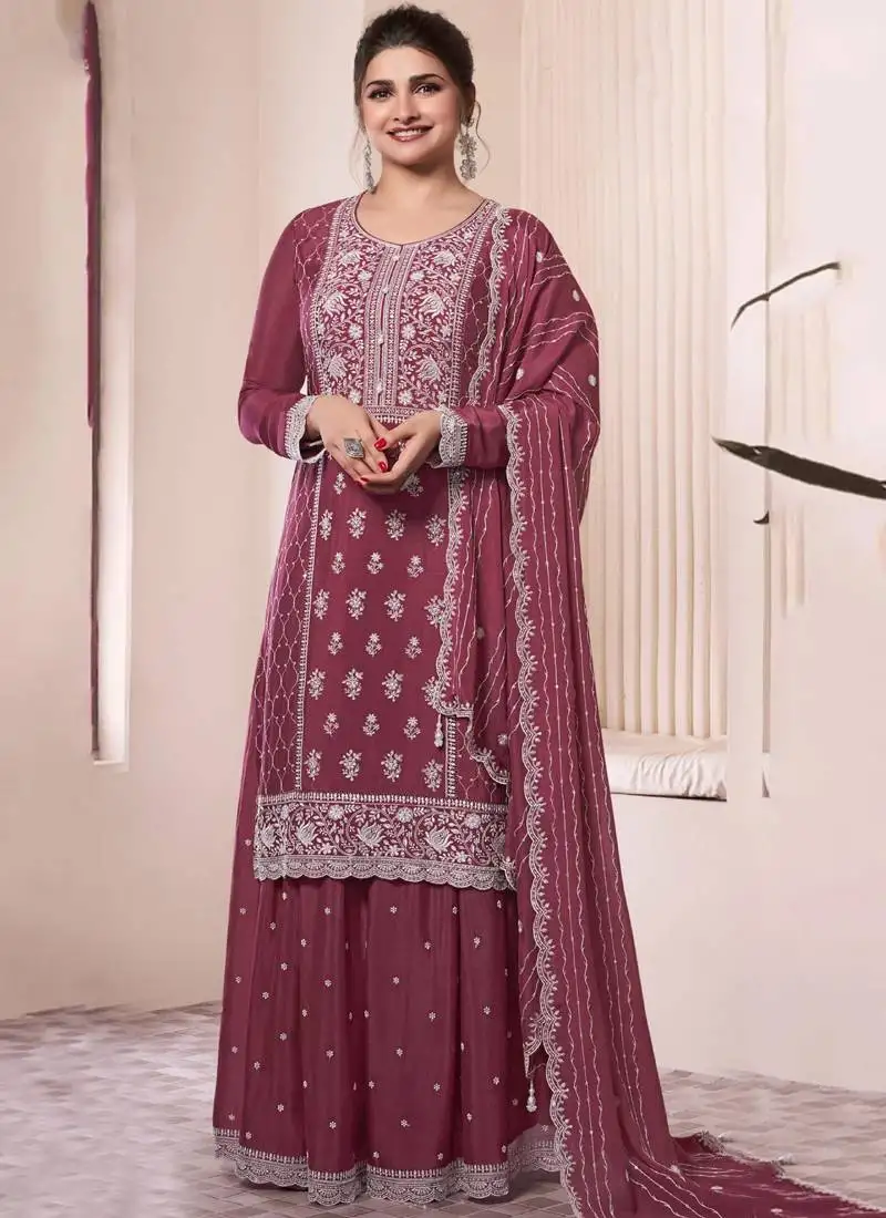 Onion pink chinon silk thread embroidered sharara suit semi stitched
