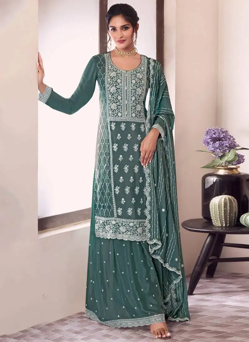 Dark grey chinon silk thread embroidered sharara suit semi stitched