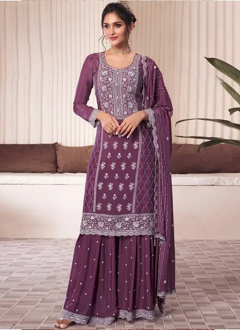Purple chinon silk thread embroidered sharara suit semi stitched