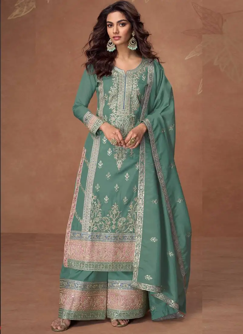 Sea green vichitra silk embroidered palazzo suit semi stitched