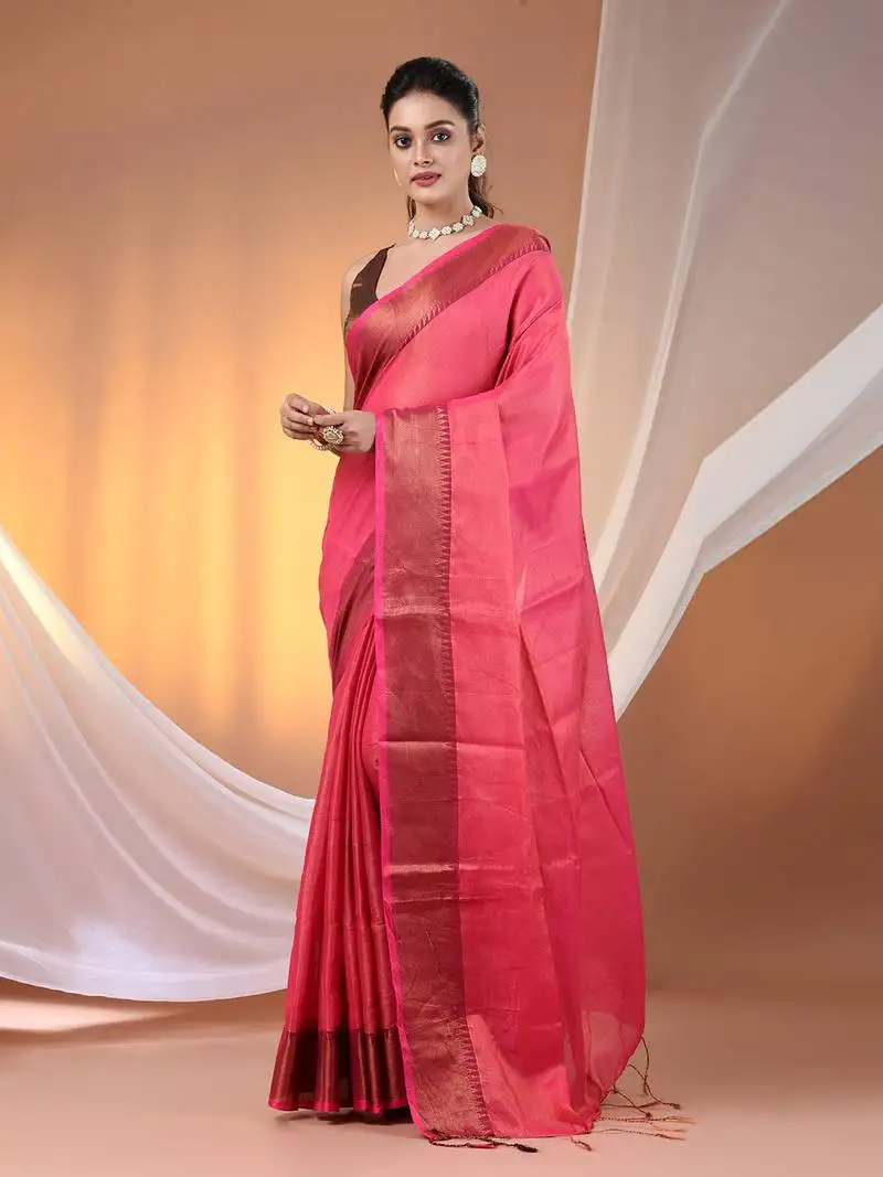 Pink tissue soft saree with zari borders