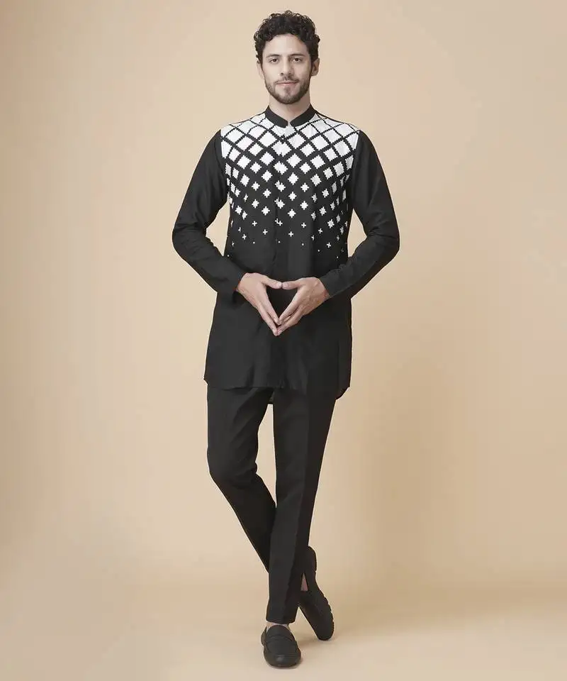 Black silk geometric printed jacket paired with kurta & pant