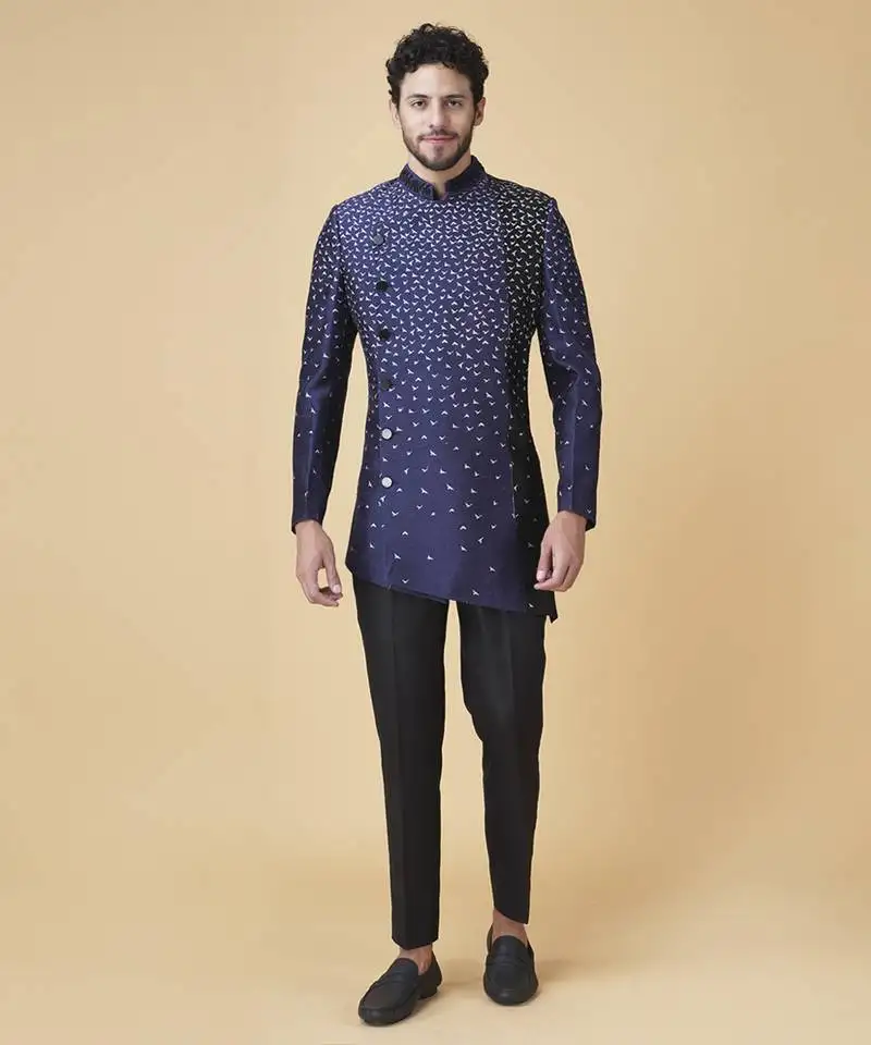 Blue silk printed bandhgala jacket with pants