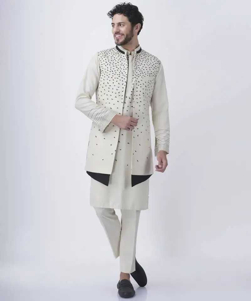 White printed silk jacket with kurta & pant