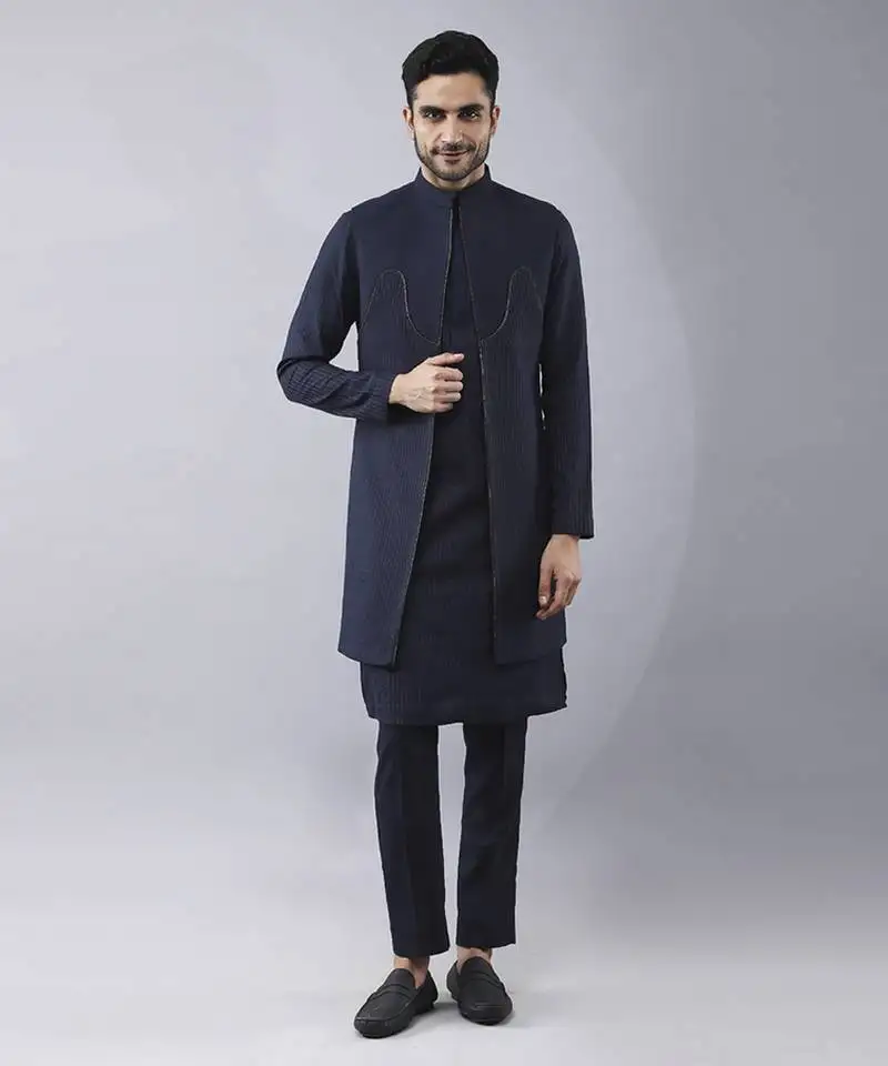 Navy blue solid silk jacket paired with kurta & pant