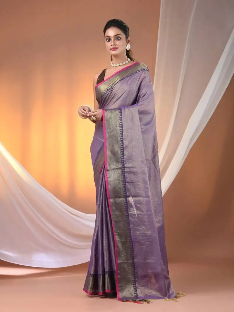 Purple tissue soft saree with zari borders